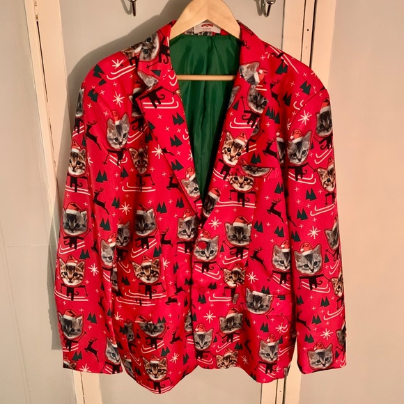 Christmas Cats on Skis with Reindeer 2 Button Blazer - Mens Size XL (46-48) - Picture 1 of 5